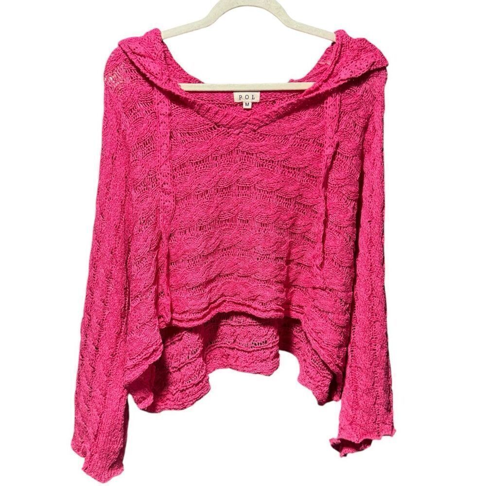 POL Hot Pink Open Knit Cropped Hoodie Sweater Boho Lace Long Sleeve Top NEW - Picture 10 of 14